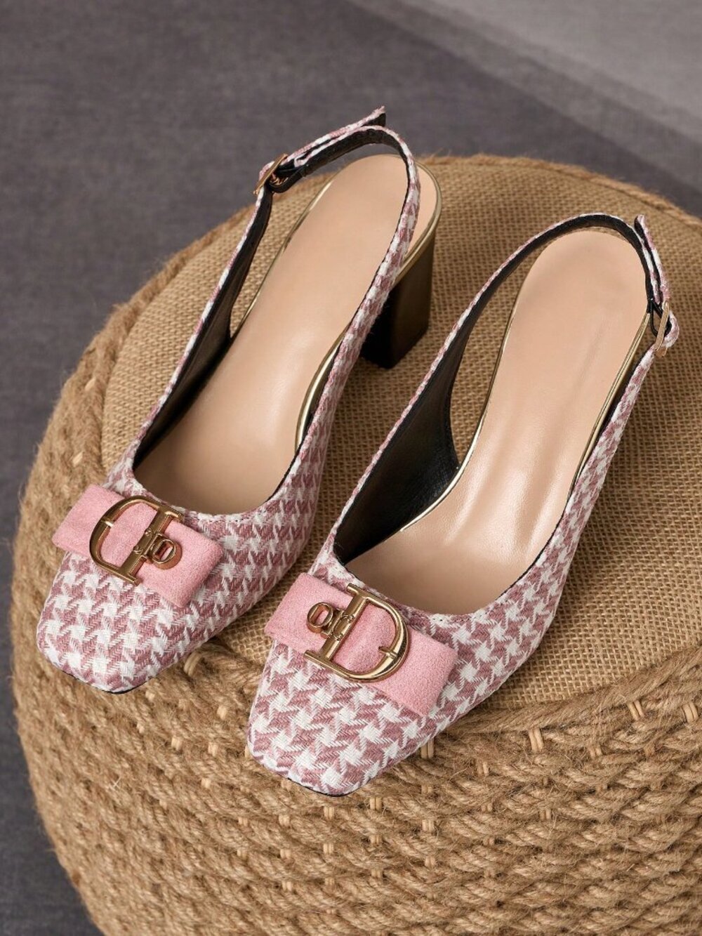 Pink Elegant Women' Soft Chunky houndstooth Heel Pumps - Picture 6 of 8